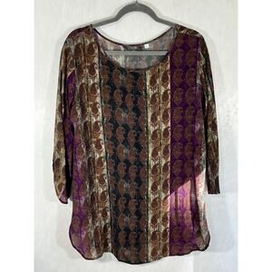APNY Silk Fall Autumn Purple Jewel 3/4 Sleeve Blouse Chocolate Brown Burgandy
